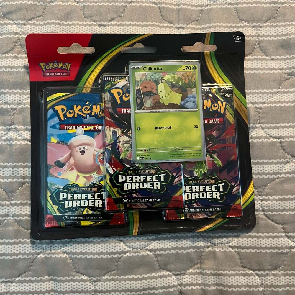 1 x Pokémon TCG Mega Evolution: Perfect Order 3-Pack Blister with Chikorita
